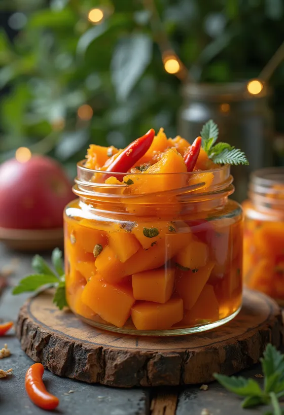 Csípős savanyított papaya üvegben tálalva