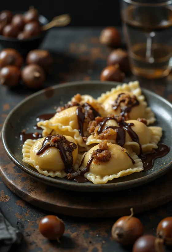 Cukrozott gesztenyés ravioli tálalva