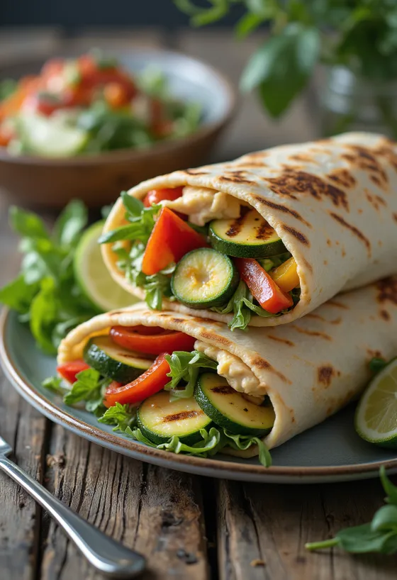 Grillezett zöldséges wrap hummusszal és rukkolával