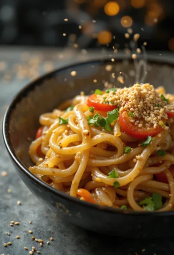 Japchae szezámolajjal tálalva, édesburgonya tésztával és zöldségekkel