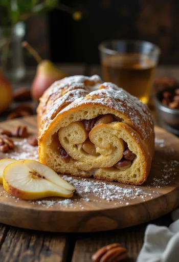 Körtés-pekándiós Stollen szeletelve, porcukorral megszórva