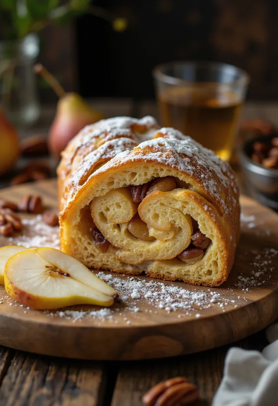 Körtés-pekándiós Stollen szeletelve, porcukorral megszórva