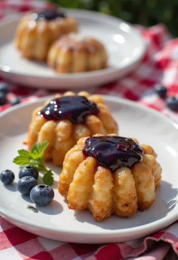 Loukoumades áfonyalekvárral, ropogós fánkok sötétlila lekvárral leöntve, porcukorral meghintve