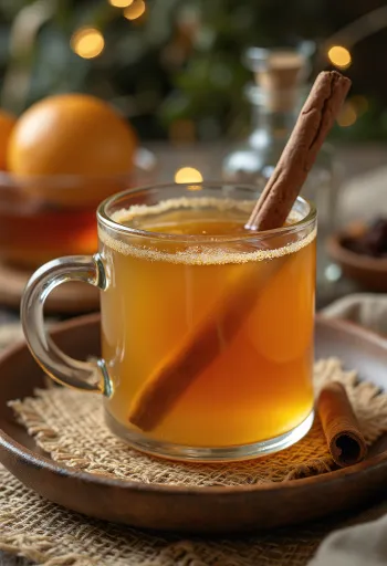 Mézes-karamellás punch ital narancskarikákkal és fahéjrudakkal díszítve
