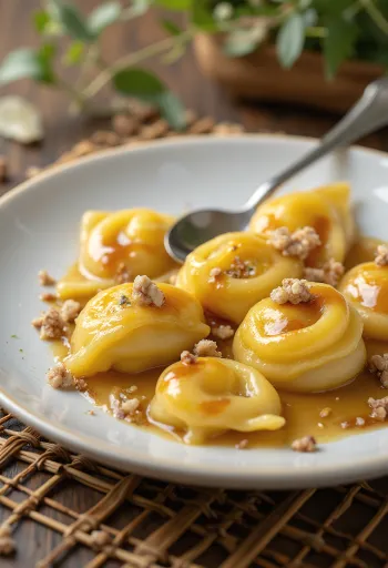 Mogyorós-karamellás ravioli tálalva