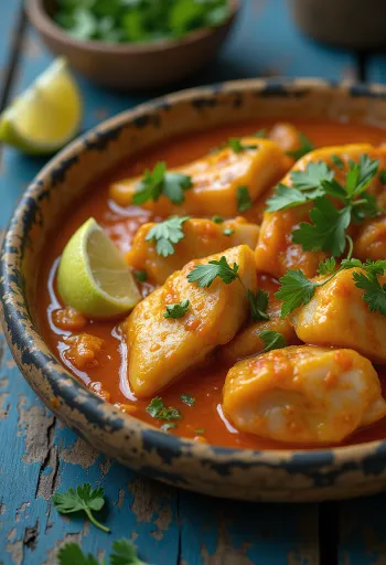 Moqueca tálalva enyhén csípős szósszal, halakkal és kókusztejjel
