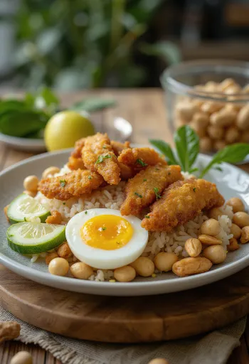 Nasi lemak sült szardellával tálalva, kókusztejes rizs, sült szardella és tojás