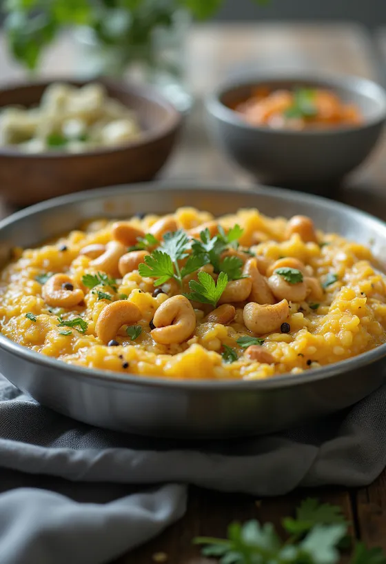 Oats Pongal zabpelyhes sárga lencsével, korianderrel és kókuszreszelékkel tálalva