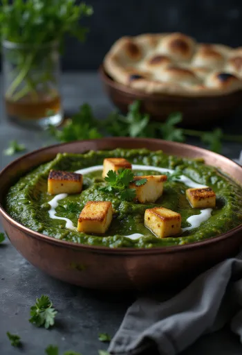 Palak paneer hagymával, friss spenóttal, paneerrel és korianderrel
