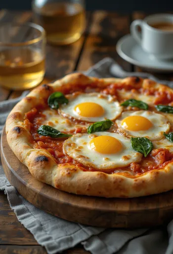 Pizza alla Bismark tálalva friss tojással és spenóttal