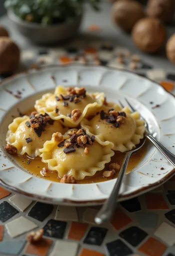 Pörköltmogyorós ravioli tálalva
