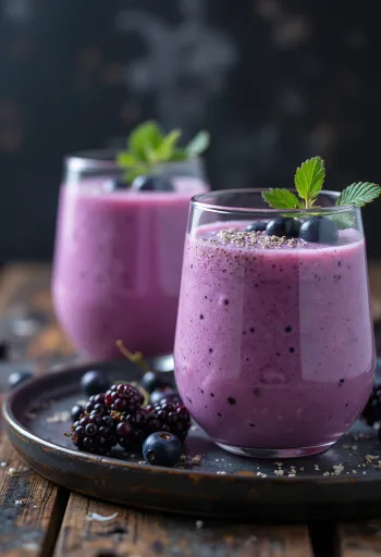 Feketeribizlis kefir poharakban tálalva, friss ribizliszemekkel