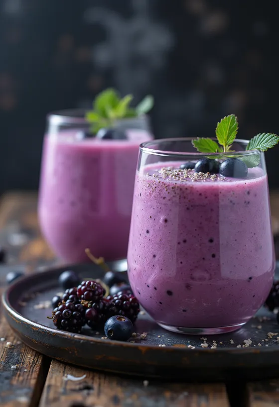 Feketeribizlis kefir poharakban tálalva, friss ribizliszemekkel