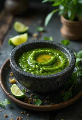 Friss sambal ijo, zöld chilivel, korianderrel és lime-mal tálalva