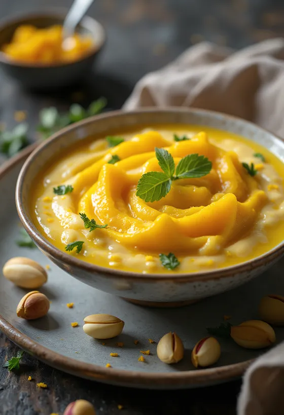 Shrikhand mangóval, friss mangódarabokkal, mandulával díszítve