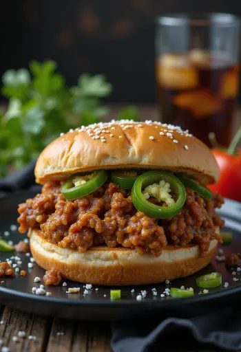 Jalapeñóval készült Sloppy Joe szendvics, gazdagon elhelyezett darálthúsos töltelékkel