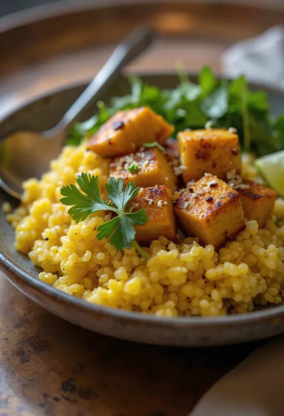 Sütőtökös quinoa currys lime tofuval tálalva