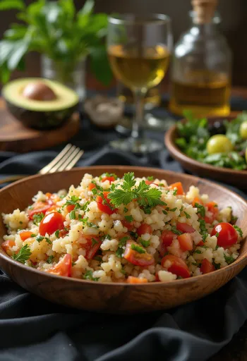 Tabbouleh olívaolajjal, friss petrezselyemmel tálalva
