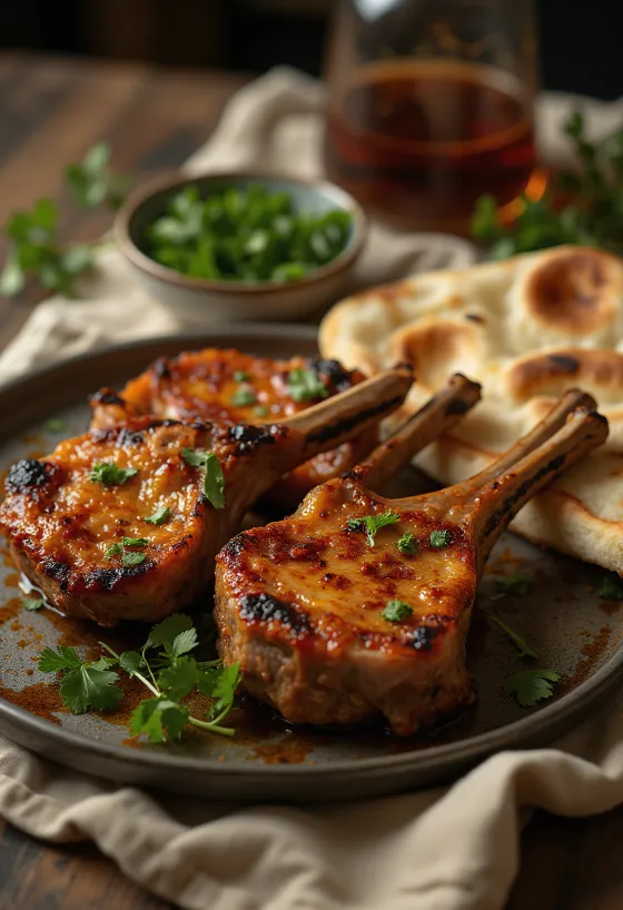 Tandoori bárány tálalva naan kenyérrel és salátával