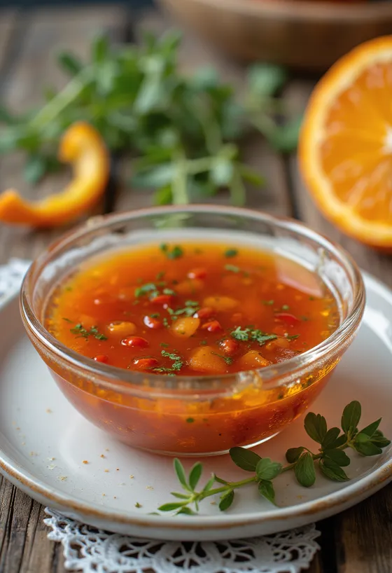 Tárkonyos gyümölcsös chili mártás tálalva