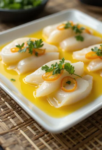 Tiradito ají amarillo szósszal, friss hal, korianderrel és lime-mal díszítve