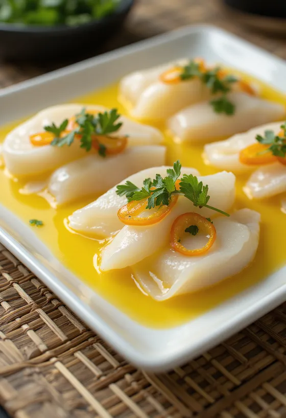 Tiradito ají amarillo szósszal, friss hal, korianderrel és lime-mal díszítve