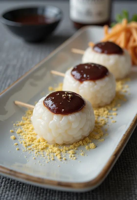 Anko dango tálalva pörkölt szója liszttel és édes babpürével