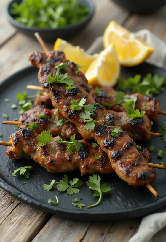 Anticucho gluténmentes, grillezett marhahús friss korianderrel díszítve