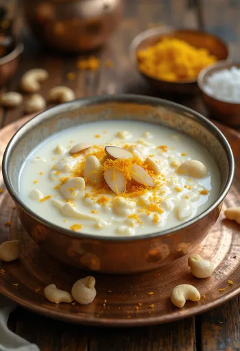 Basundi kókusztejjel, sűrű, krémes tejdesszert, mandulával és sáfránnyal díszítve