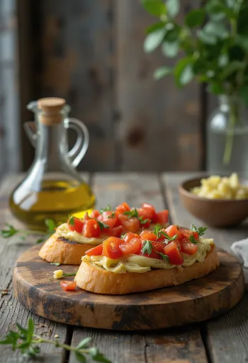 Bruschetta articsókával és feta sajttal tálalva, ropogós kenyéren