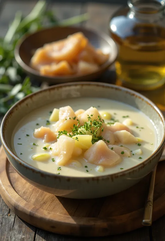 Cullen skink füstölt haddockkal, friss petrezselyemmel tálalva