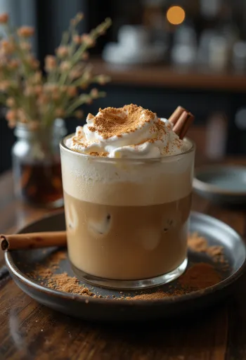 Fahéjas-mentás frappé kávéital tejszínhabbal, fahéjrúddal és mentalevelekkel díszítve