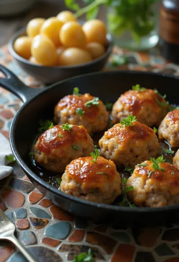 Frikadeller sertéshússal, ropogósra sütve és burgonyapürével tálalva