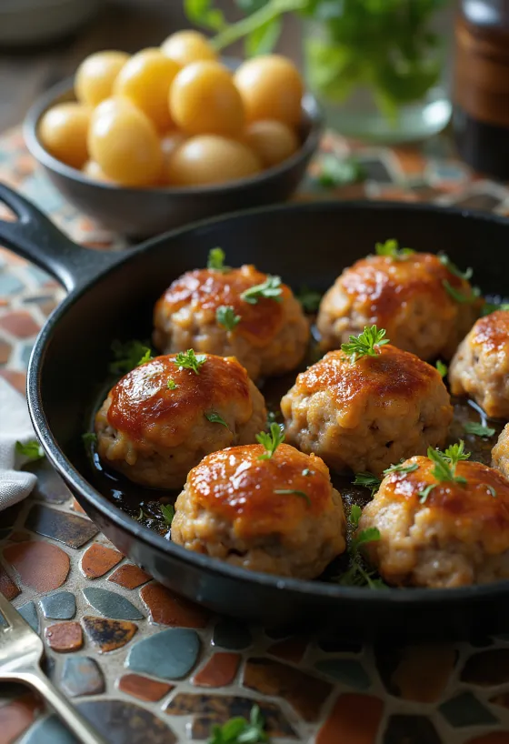 Frikadeller sertéshússal, ropogósra sütve és burgonyapürével tálalva