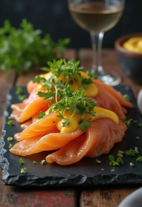 Gravlax mustáros kapormártással, friss lazacfilé