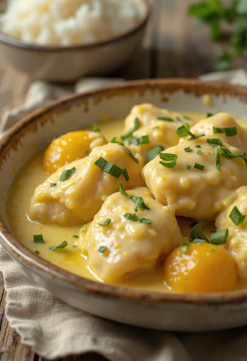 Gudeg opor ayam-mal, kókusztejes csirke tálalva rizs és friss petrezselyem kíséretében