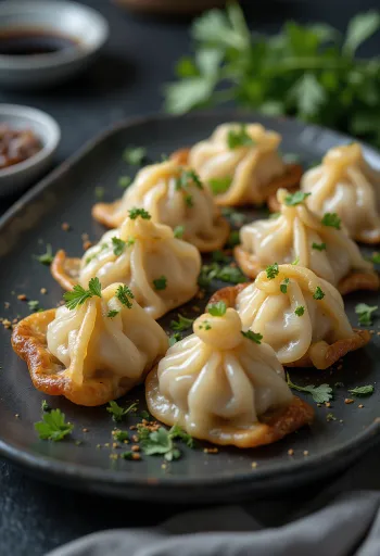 Gyoza gombával, friss korianderrel díszítve