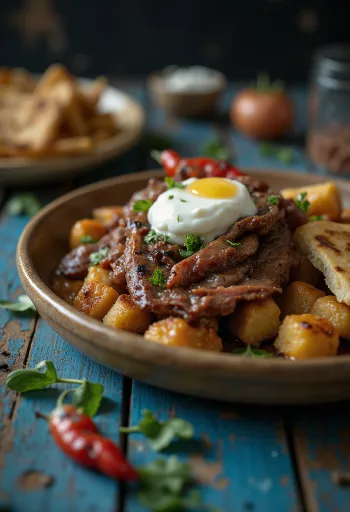 Iskender kebab bárányhússal joghurtos fokhagymás öntettel és pirított pitával tálalva