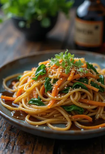 Japchae szójaszósszal és cukorral tálalva, édesburgonya tésztával és zöldségekkel
