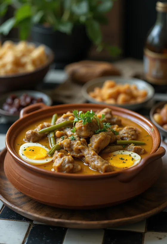 Kare-Kare kecskehússal tálalva, mogyoróvajjal és padlizsánnal