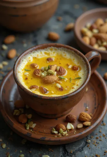 Kesar chai, indiai fűszeres tea mandulával és pisztáciával díszítve
