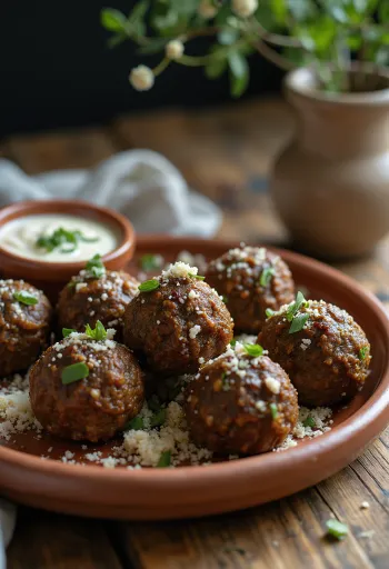 Kofta túróval tálalva, gazdag fűszeres ízekkel és friss petrezselyemmel