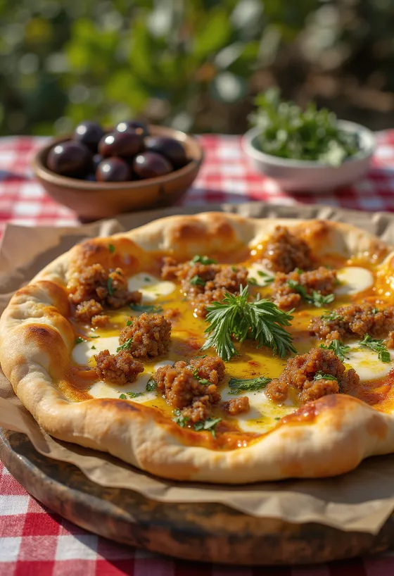 Lahmacun olívaolajjal, friss tésztával és fűszeres húsos töltelékkel tálalva