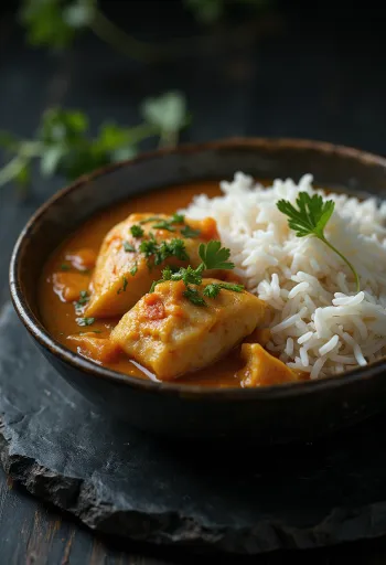 Moqueca tálalva fehér rizzsel, halakkal és kókusztejjel