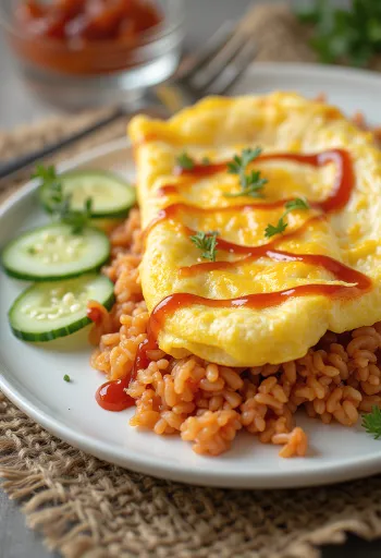 Omurice tál uborkával, tojásos rizses étel
