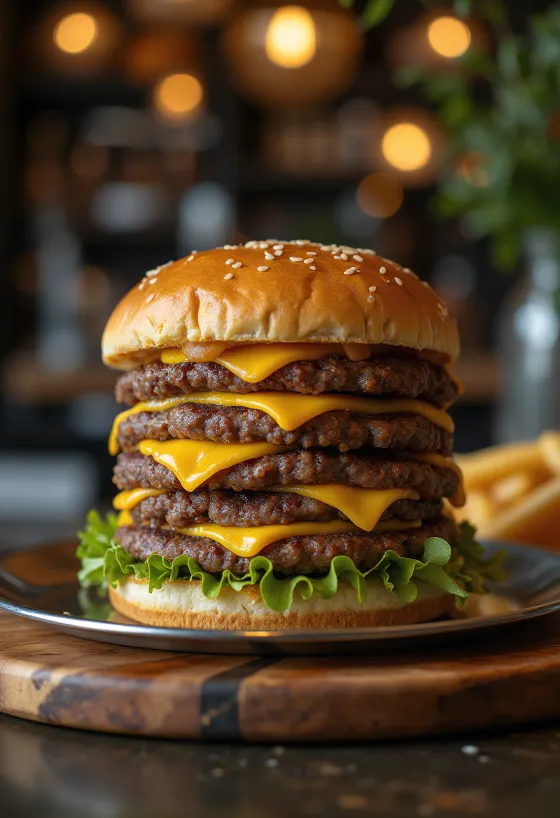 Quadrupla húsos hamburger tálalva