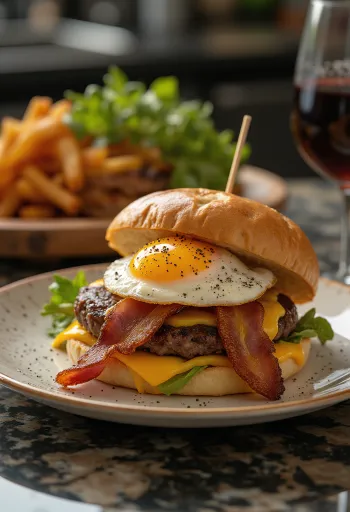 Frissen készült reggeli hamburger tojással és baconnel