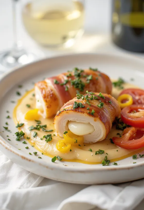Saltimbocca mozzarella sajttal töltve, ropogós prosciuttóval és friss bazsalikommal díszítve