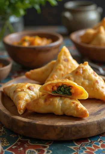 Samosa spenótos édesburgonyával, ropogós, aranybarna tésztában, zöld fűszerekkel tálalva.