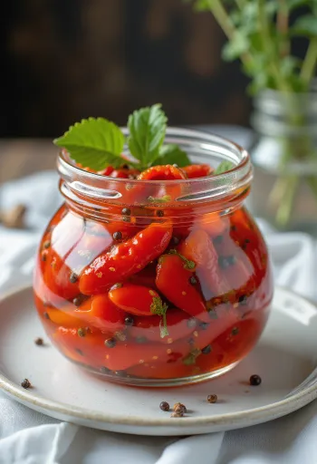 Savanyított pimento paprika tálalva üvegben